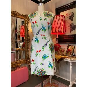 vintage 1960s white floral sheath 60s Adele Simpson dress bright flower mod med